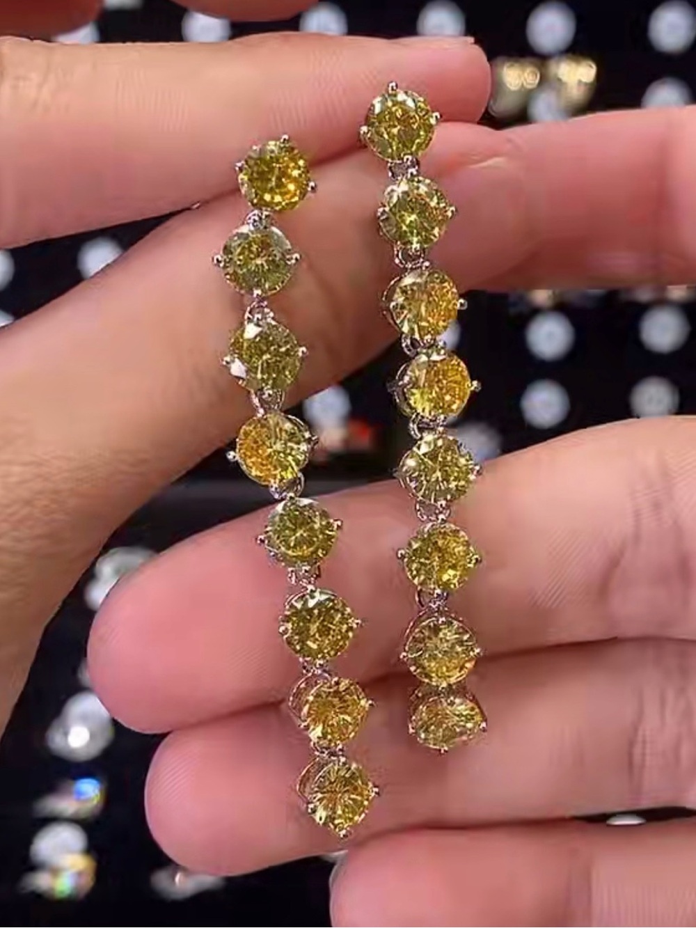 Yellow Dangle Drop Earrings - Sparkling Yellow Stone Line Earrings